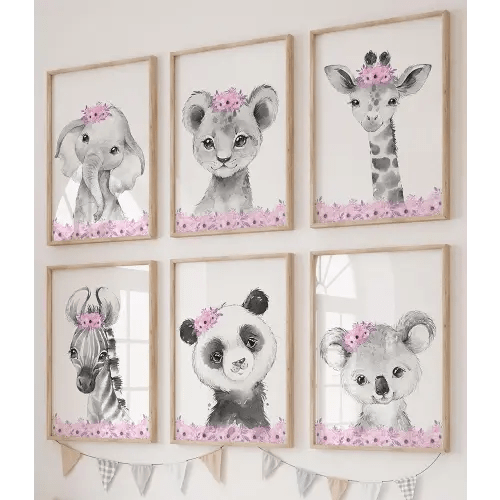 Safari Animals Baby Girls Nursery Set of 6 Unframed Wall Art Prints, Gray Baby Animals with Pink Flowers, Child Bedroom Nursery Decor Posters, Giraffe Elephant Lion Zebra Panda Koala (8x10)