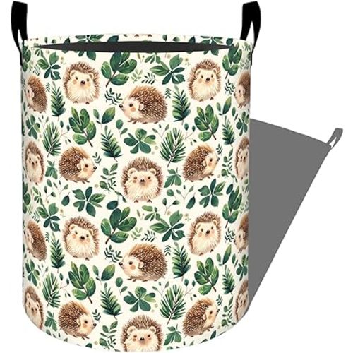 Cute Hedgehog with Green Leaf Laundry Basket with Handles, 19.7"x15.7" Clothes Foldable Forest Animal Laundry Hamper Organizer for Dorm Nursery Bedroom Bathroom Decor, Toy Storage Bin for Kids
