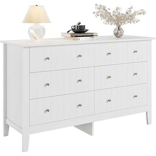 FOTOSOK White Dresser, Chest of Drawers, Modern 6 Drawer Double Dresser with Deep Drawers, Wide Storage Organizer Cabinet for Living Room, Hallway,White