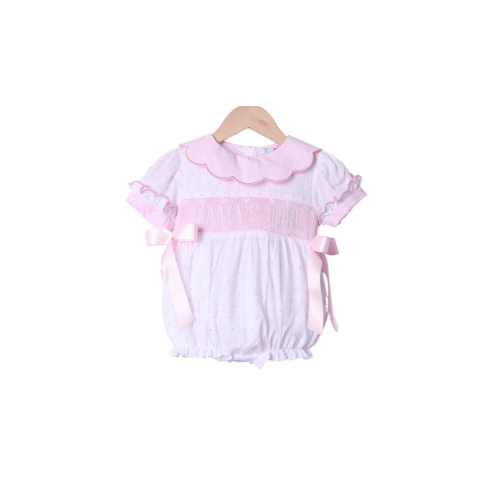 Smocked Mama's Girl White and Pink Swiss Dot Bow Bubble – The Smocked Flamingo