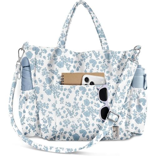 Miss Adola Crossbody Corduroy Tote Bag for Women, Large Tote Bag with Multi-Pockets and Zipper for Travel Work
