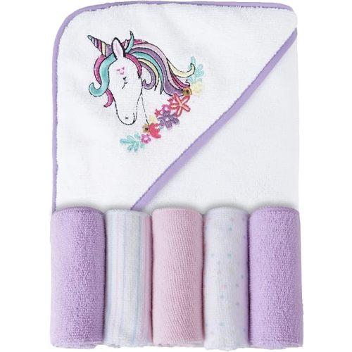 Viviland Baby Towel and Five Washcloths, Soft Absorbent Baby Girl Boy Bath Towel Set, Unicorn Hooded Towels with Infant Washcloths, Gift for Infants and Newborn, 26"×30", 6 Pack