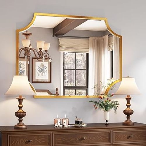 Kelly Miller 30"x40" Large Gold Bathroom Mirror for Wall, Gold Scalloped Vanity Mirror Bevelled Framed Decorative Mirror for Master Bath Half Bath Entrance Hallway Bedroom Living Room Fireplace Mantle