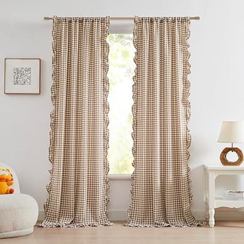 ZJDECOR Buffalo Plaid Crinkle Curtain Panels 95 Inches Length,Brown White Not-See-Through Sheer Ruffle Drapes,Cottage Window Treatment for Bedroom Living Room,Rod Pocket,40" Wx95 L(Pack of 2)
