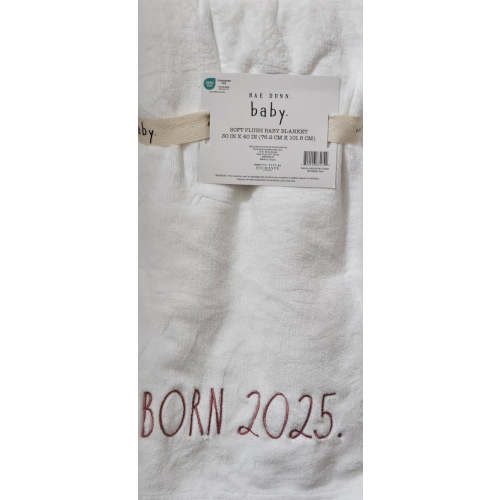 New Rae Dunn white baby throw blanket pink writing BORN 2025 30x40