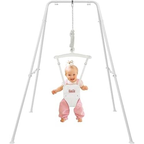 FUNLIO Baby Jumper with Stand for 6-24 Months, Toddler Jumper for Baby Girl/Boy, Infant Jumper for Indoor/Outdoor Play, with Adjustable Chain, Easy to Assemble & Store (with Stand) - White