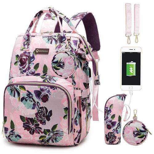 Floral Diaper Bag Backpack with USB Charging Port Stroller Straps and Insulated Pocket,Travel Bag Nappy Backpack For Women/Mum (Rose Flower Pattern)