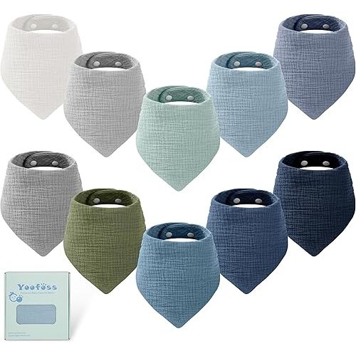 Yoofoss Muslin Baby Bibs 10 Pack Bandana Bibs 100% Cotton 6-Layer Soft Absorbent Drool Bibs for Boys and Girls, Gradient Blue
