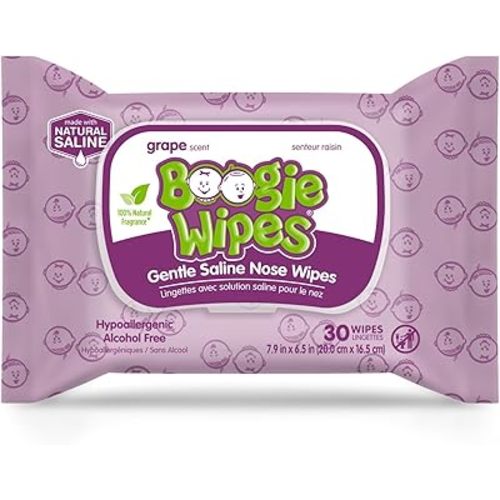 Boogie Wipes, Saline Wipes for Baby & Kids, Nose Booger Wipes for Allergy Relief, Face, Hand & Body, Made with Vitamin E, Aloe and Natural Saline, Grape, 30 Count (Pack of 1)