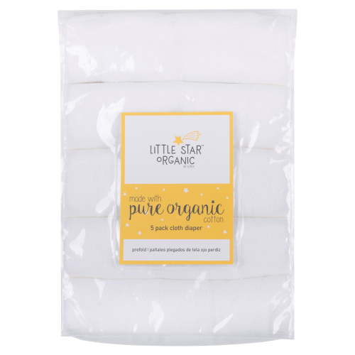 Little Star Organic 100% Pure Organic Cotton Prefold Birdseye Reusable Diapers (One Size), 5Pk, White-White