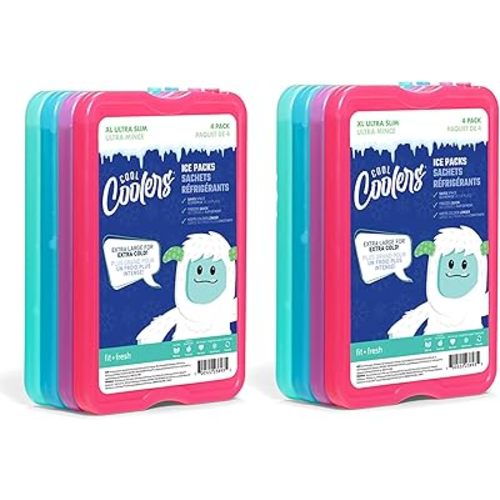 Cool Coolers by Fit + Fresh, Reusable & Long-Lasting XL Slim Ice Packs, Cold Packs for Lunch Boxes, ice Pack for Lunch Bags. Cooler Accessories for Camping, Beach, Lunch, and Work, 8PK, Multicolored