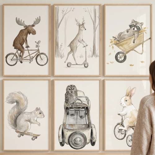 Whimsical Traveling Woodland Animals Print Set of 6 - Whimsical Forest Rides