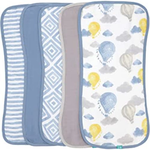Featherhead™ 5-Pack Muslin Burp Cloths for Baby Boy Large 22" X 11" - Ultra Soft & Extra Absorbent Cotton Terry Backing (Blue Balloons)