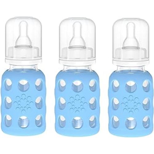Lifefactory Glass Baby Bottle BPA Free | Protective Silicone Sleeve | 4 oz Pack of 3 | Sky Blue
