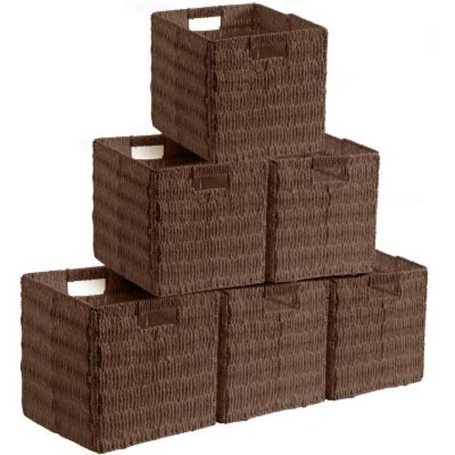 Ornavo Home 6 Pack Paper Wicker Storage Shelf Basket Cube Bin with Handles - 9" Inch - Brown