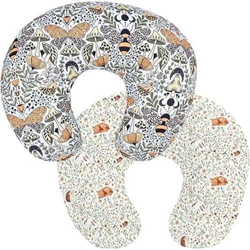 Winmany 2 Pack Newborn Nursing Pillow Covers Baby Feeding Pillow Cover Removable Breastfeeding Pillow Cover for Boys Girls 22.5 x 18 (Bees Butterflies + Forests)