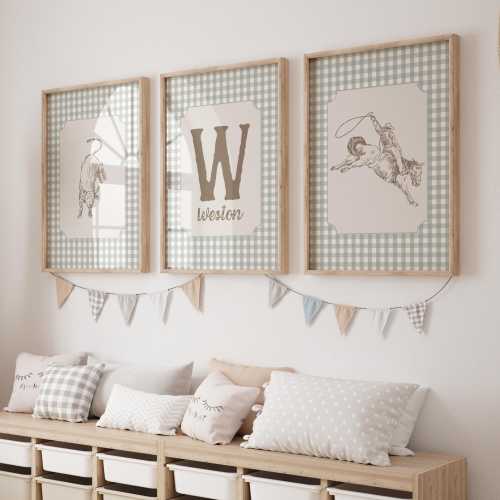 Personalized Cowboy Nursery Art – Western Baby Decor, Rodeo Printable, Rustic Gingham Wall Set