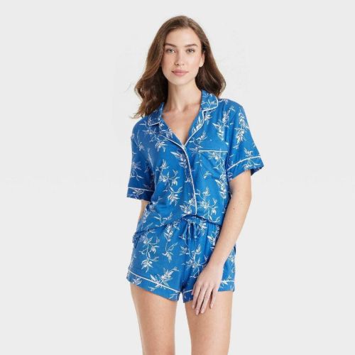 Women's Cloud Knit Short Sleeve Top And Shorts Pajama Set - Auden™ Blue/branches M