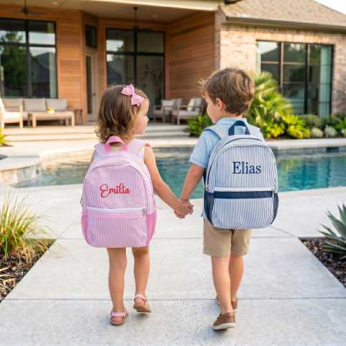 Personalized Seersucker Backpack, Custom Monogram Toddler School Bag Pink or Blue