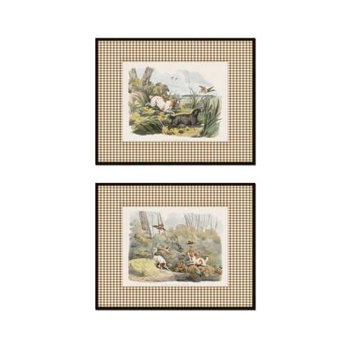 Vintage Hunting Dog Prints with Brown Gingham Border, English Bird Dog Giclee, Antique Dog Art