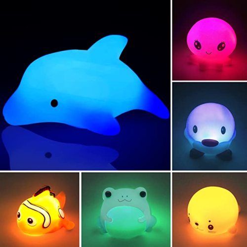 Bath Toys,Light Up Floating Rubber Toys Flashing Color Changing Light in Water Bathtub Shower Games Toys for Baby Kids Toddler Child (Ocean 6 Packs)