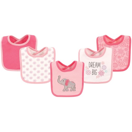 Hudson Baby Infant Girl Cotton Bibs 5pk, Elephant, One Size - Elephant - One Size