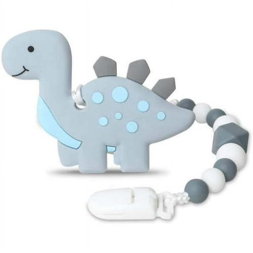 OUSITAI Dinosaur-Shaped Silicone Teether - Dinosaur Baby Teething Toys with Teether Pacifier Clip - BPA-Free, Natural Organic Boy Teether - Best Baby Shower Gifts(Gray)