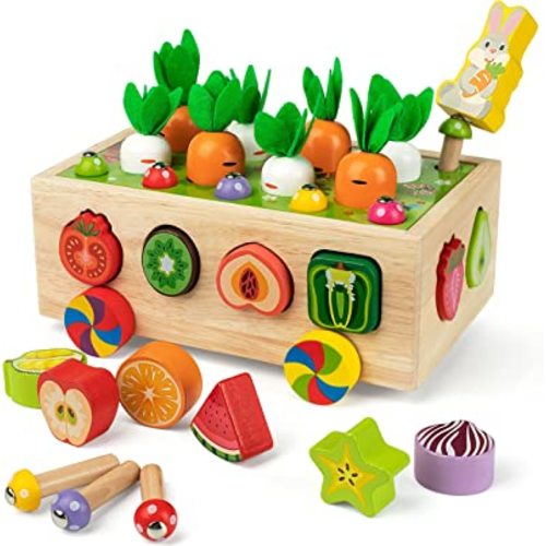 Coogam Montessori Fine Motor Toys for Baby Toddler, Wooden Shape Sorter Carrot Harvest Game for Easter Basket Stuffer, Preschool Learning Educational Gift Toy for 3 4 5 Year Old