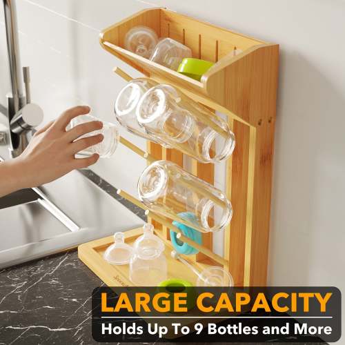 SpaceAid Bamboo Baby Bottle Drying Rack, Hold 9 Bottles, Natural