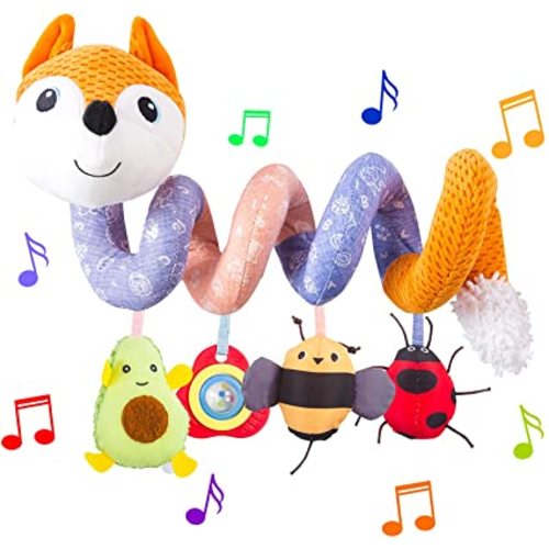 HILENBO Car Seat Toys, Infant Baby Orange Fox Spiral Plush Activity Hanging Toys for Car Seat Stroller Bar Crib Bassinet Mobile with Music Box BB Squeaker and Rattles(Orange)