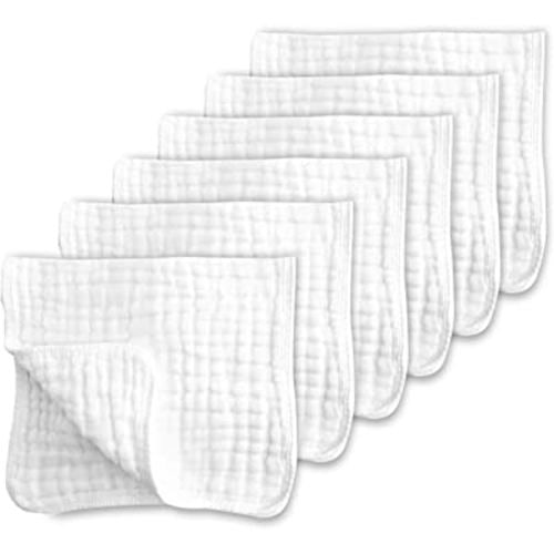Muslin Burp Cloths for Baby 100% Cotton Large 20''X10'' 6 Layers Thicken Super Soft and Absorbent (6 Pack,White)