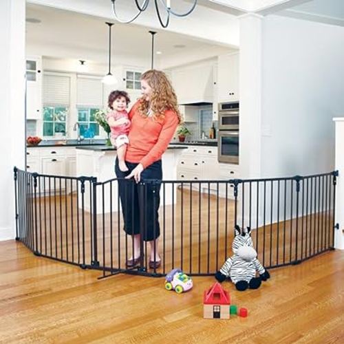 Toddleroo by North States 3 in 1 Arched Decor Metal Superyard 6 Panel Play Yard, Baby Gate, Playpen or Baby Fence, 151" Wide. Wall Mount Kit Included. 10 sq ft play yard (30" tall, Matte Bronze)