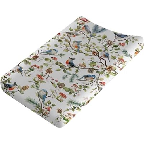 Colorful Birds Branches Baby Changing Pad Covers Boy Girl 32''x16'' Watercolor Birds Mushroom Trees Leaves Fitted Diaper Change Table Mats Spring Birds Forest Soft Breathable Cradle & Bassinet Sheets