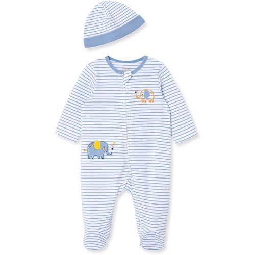 Little Me Baby Boy Clothes 2-Piece Baby Sleeper and Cap Set 100% Cotton Footies with Full 2-way Zipper and Scratch Free Tags Baby Essentials - Newborn, Striped Elephants