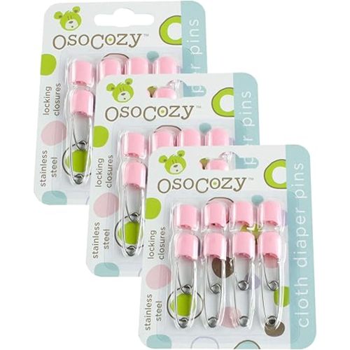 OsoCozy Diaper Pins - (Pink) - Sturdy, Stainless Steel Diaper Pins with Safe Locking Closures - Use for Special Events, Crafts or Colorful Laundry Pins, 8 Count (Pack of 3)