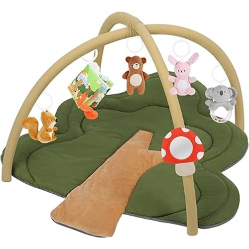 Baby Play Gym Mat, Tree-Shaped Tummy Time Mat with 6 Detachable Toys, Thick & Plush Play Mat for Babies 0-6 Months, Baby Activity Mat, Newborn Infant Baby Essentials Gift