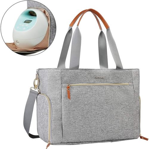 mommore Breast Pump Bag Diaper Tote Bag with 15 Inch Laptop Sleeve Fit Most Breast Pumps Like Medela, Spectra S1,S2, Evenflo - Grey