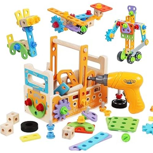 Wooden Kids Tool Set with Electric Screwdrivers, 91PCS Educational STEM Construction Toys, Wooden Tool Bench Montessori Toy Tool Box for 3 4 5 YO Boys & Girls Birthday Gift (91Pcs)