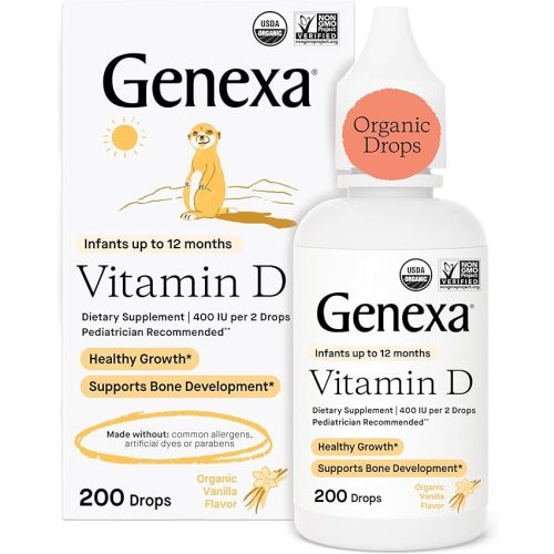 Genexa Infants Vitamin D Liquid Drops for Baby & Toddler | USDA Organic Vitamin D3 for Newborn | Immune Support & Bone Health | Vegan | Gluten Free | Non-GMO | 90 Servings - 0.2 Fl Oz (Pack of 1)