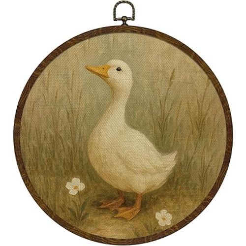 Vintage Goose Round Wall Art Framed,Retro Country Goose Circular Wall Art Decor,Canvas Print with Wildflower Design,Farmhouse Decor for Bedroom, Living Room, Gallery Space, Mother's Day Gift for Mom 10"x10" (Goose-01)
