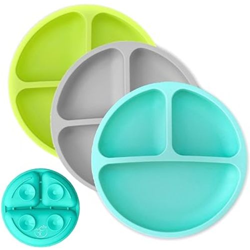 Hippypotamus Toddler Plates with Suction - 100% Food-Grade Silicone Baby Plates - Microwave & Dishwasher Safe - BPA Free - Set of 3 (Teal/Gray/Lime)
