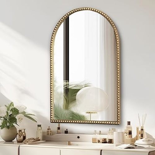 Arched Gold Wall Mirror Antique Beaded Frame Bathroom Wall Mirror Baroque Vanity Mirror Decorative Mirrors for Living Room,Bedroom