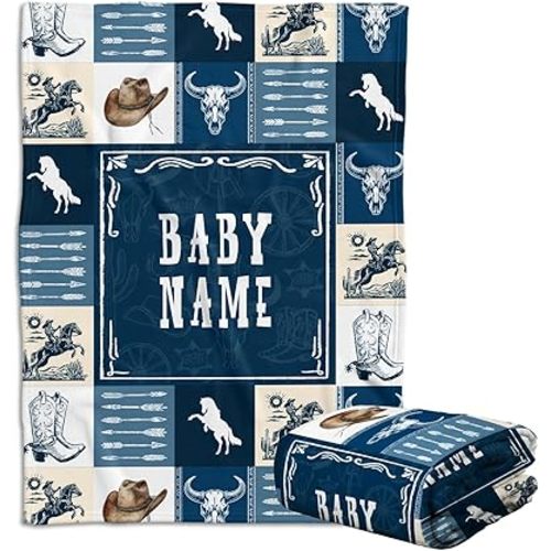 Western Baby Stuff, Personalized Baby Blankets for Boys, Baby Western Blanket for Girl, Custom Name Baby Blanket, Western Nursery Decorations, for Family Friends (W02)