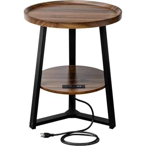 Round End Table with Charging Station, 19.7" Dia x 23.63" H, Side Table with Storage Shelf, Accent Table, for Living Room, Bedroom, Small Spaces, Metal Frame, Industrial Style (Brown + Black)