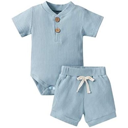 Ledy Champswiin Summer Newborn Baby Boy Girl Clothes Set Ribbed Outfits Unisex Infant Solid Short Sleeve Tops Shorts 2PCS