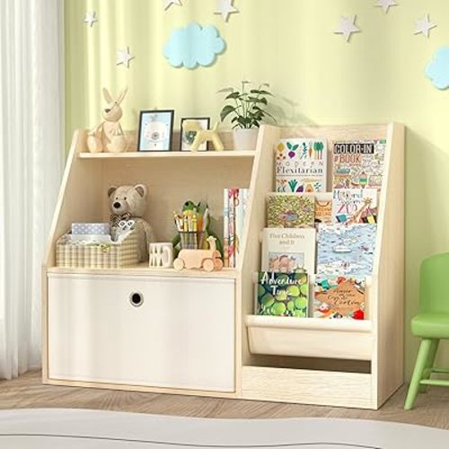 TOETOL Kids Bookshelf & Book Storage,4 Sling Wooden Toddler Book Shelf,2-Tier Wooden Open Bookcase & Storage Organizer Boxes for Nursery, Playroom, Bedroom