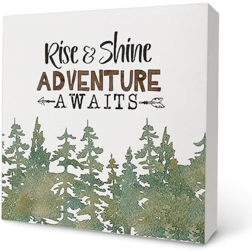 Knibeo Woodland Nursery Decor, Rise and Shine Adventure Awaits Wood Box Sign, Boy Nursery Decor, Country Decor for Bedroom, Rustic Cabin Decor 5x5 - slmw14-3