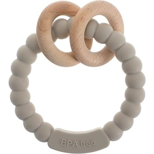 Baby Teether, One Piece Design Silicone & Beech Teething Ring Toy for Babies, BPA Free (Light Grey)
