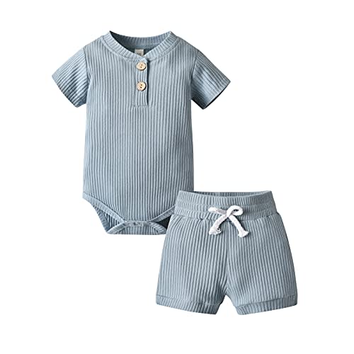 Derouetkia Summer Newborn Baby Boy Girl Clothes Solid Color Ribbed Romper and Shorts Outfits Set