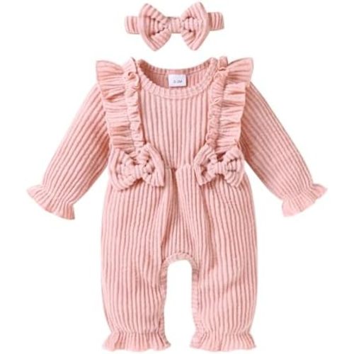 YOUNGER TREE Baby Girl Romper Fall Winter Long Sleeve Newborn Bodysuit with Headband Infant Clothes